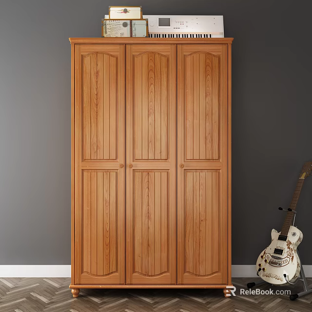 Classic Wooden Three Door Wardrobe With Paneled Doors And Natural Wood Finish 3d model 