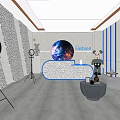 Modern Public Office Space With Curved Sofa Round Coffee Table And Blue Striped Accent Wall