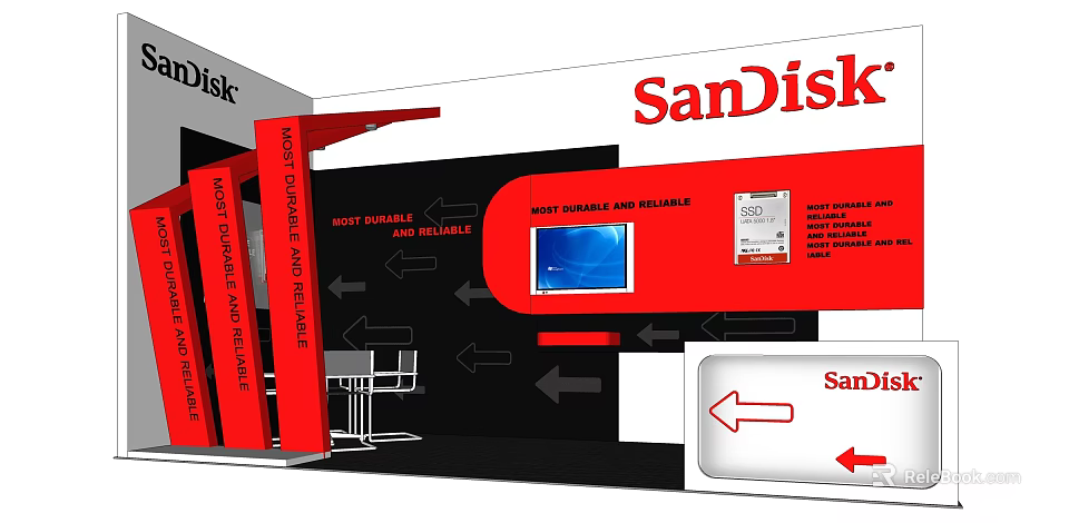 SanDisk Exhibition Booth With Red And Black Design Screen Product Display And Directional Arrows 3d model 
