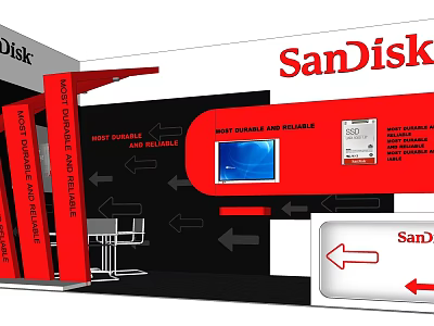 SanDisk Exhibition Booth With Red And Black Design Screen Product Display And Directional Arrows 3d model