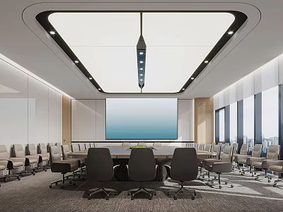 Modern Conference Room With Long Table Multiple Chairs Large Screen Ceiling Lights And Big Windows 3d model