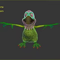 Cartoon Parrot With Green Body Yellow Wings Blue Tail Feathers Standing With Spread Wings
