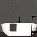 Freestanding White Bathtub By Window With Black Towel Dark Tiled Wall And Toiletries On Shelf
