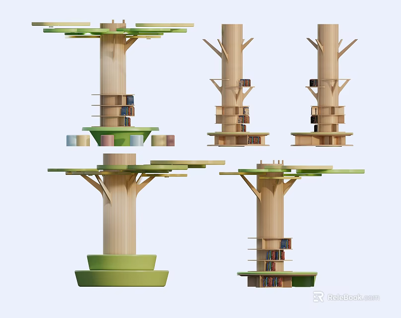 Tree Shaped Wooden Pillars With Layered Shelves Green Bases And Books On Platforms 3d model 