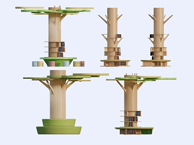 Tree Shaped Wooden Pillars With Layered Shelves Green Bases And Books On Platforms 3d model