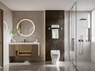 Modern Bathroom Interior Design With Round Backlit Mirror Marble Wall Wooden Vanity And Glass Shower 3d model