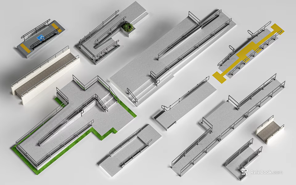 Various Staircase Models With Different Structures Steps And Yellow Green Line Accents 3d model