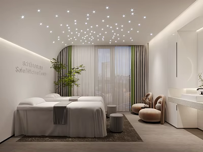 Modern Luxury SPA Sauna Interior With Massage Beds Green Plants And Soft Lighting 3d model