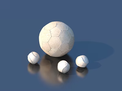 Large White Soccer Ball With Three Smaller Ones On Blue Reflective Surface 3d model