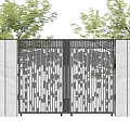 Modern Courtyard Garden Entrance With Geometric Metal Gate Stone Walls And Green Trees