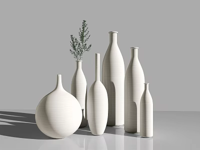 Minimalist White Vases With Green Plants In Various Shapes On Gray Background 3d model
