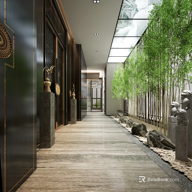 Chinese Style Elevator Hallway With Dark Wood Walls Bamboo Plants And Marble Flooring 3d model 