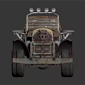 Rusty Modified Car With Exposed Mechanical Parts Rugged Tires And Roof Lights