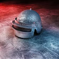 Silver Metallic Helmet Placed On Ground With Red And Blue Lighting 3d model