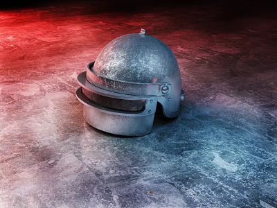 Silver Metallic Helmet Placed On Ground With Red And Blue Lighting 3d model