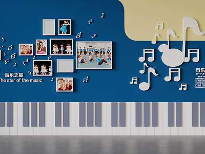 Music Themed Wall Decor with Piano Keyboard Photos Music Notes and Star Elements 3d model