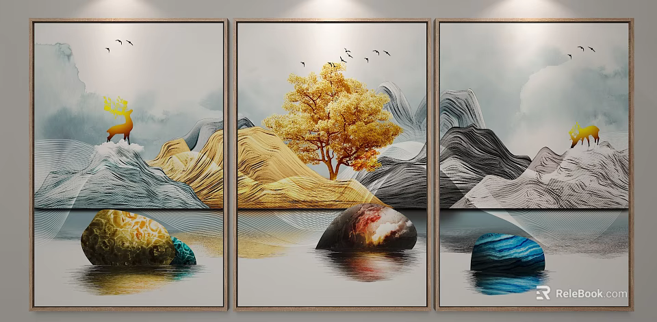 Three Panel Wall Art With Golden Tree Flying Birds Mountain Landscape And Water Reflections 3d model 