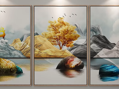 Three Panel Wall Art With Golden Tree Flying Birds Mountain Landscape And Water Reflections 3d model