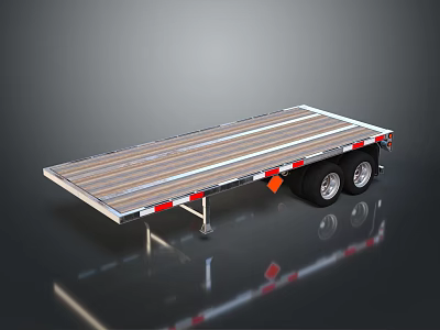 Flatbed Trailer With Wooden Deck Metal Frame Wheels And Reflective Stripes 3d model
