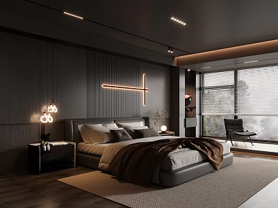 Modern Bedroom Interior With Dark Wall Paneling Bedside Lamps And Area Rug 3d model