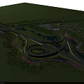 Waterfront Landscape Design With Winding Roads Multiple Water Bodies Green Vegetation And Pink Pathways