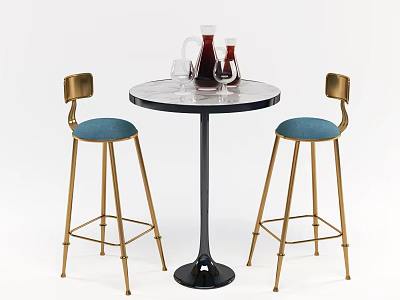 Modern Bar Table With Round Marble Top Golden Stools Blue Seats And Decanters 3d model