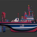 Detailed Wooden Boat Model With Red Blue Hull White Sections And Crane Lifebuoy