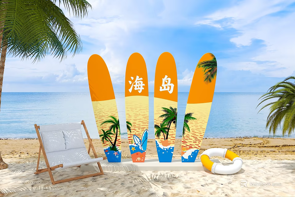 Tropical Island Beach With Colorful Surfboards Beach Chair Palm Trees Lifebuoy Ocean Sky 3d model 