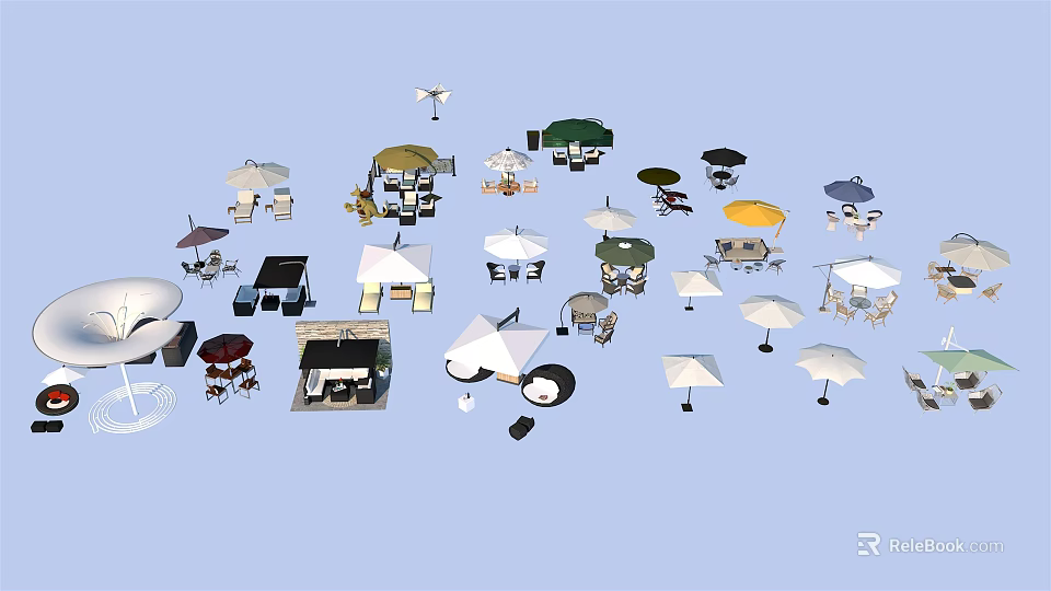 Outdoor Table and Chair Sets with Various Umbrella Styles and Designs 3d model 