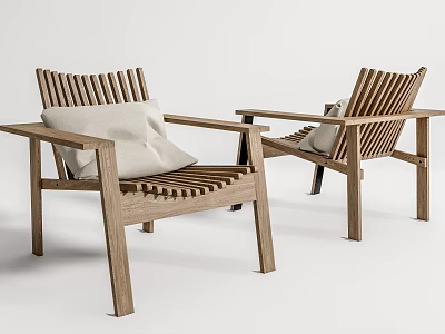 Wooden Leisure Chairs With Slatted Back Wide Armrests And Light Colored Cushions 3d model