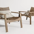 Wooden Leisure Chairs With Slatted Back Wide Armrests And Light Colored Cushions