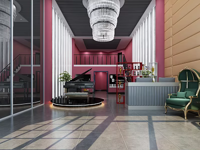 Luxury Boutique Interior With Crystal Chandelier Black Piano Green Armchair And Display Shelves 3d model