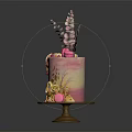 Pink Ombre Cake With Golden Roses Pink Macarons And Feather Like Toppings On Brown Tray