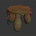Round Stool With Blue Plaid Fabric Cover And Terracotta Drum Shaped Legs