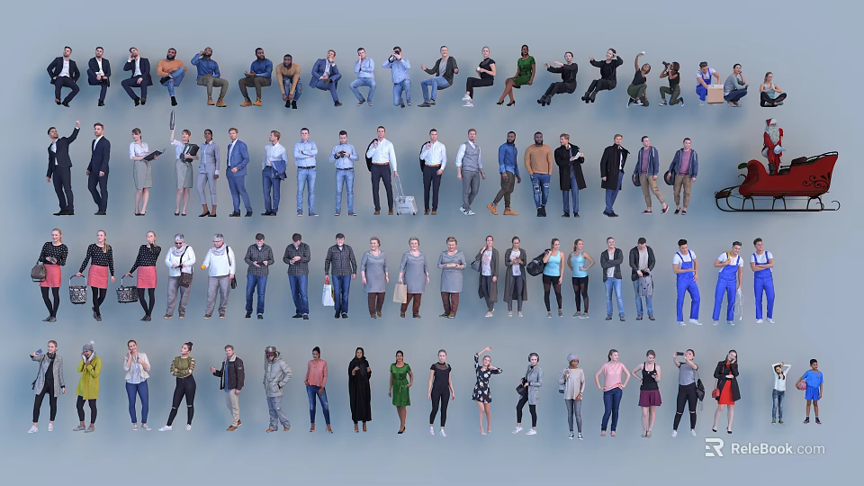 Diverse Group of People in Various Poses and Different Clothing Styles 3d model 