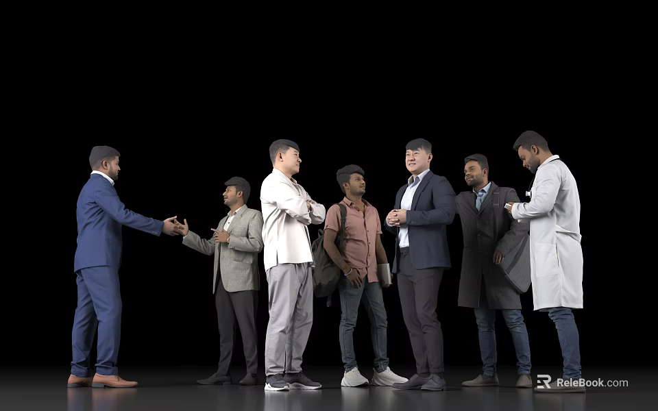 Group of Men in Suits Casual Wear and Lab Coats Interacting and Talking Together 3d model 