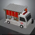 White Food Truck With Gray Roof Red Awning Takeout Sign And Wheels