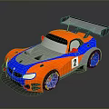 Children Playing with Colorful Orange Blue Toy Race Car Featuring Tail Wing and Number 2