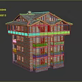Multi Story Traditional Urban Building Complex With Wooden Balconies Stone Walls And Sloped Roofs