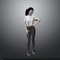 Child With Black Ponytail Wearing Mask White Top Black Leggings Blue Sneakers Gray Background
