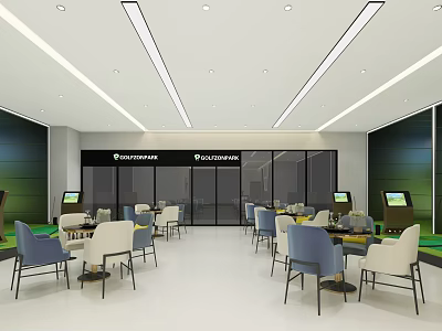 Modern Spacious Clubhouse Interior With Glass Partitions Tables Chairs And Electronic Screens 3d model