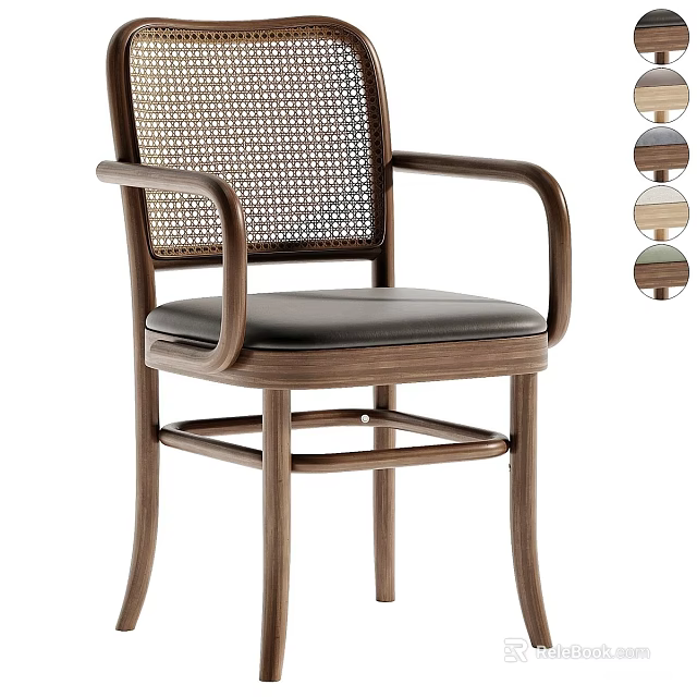 Modern Wooden Dining Chair With Armrests Woven Backrest Leather Seat And Color Options 3d model 