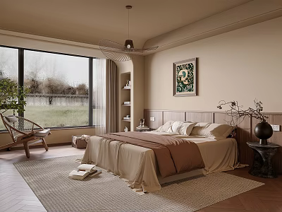 Warm Tone Bedroom With Large Window Cozy Bed Decorative Painting And Soft Rug 3d model