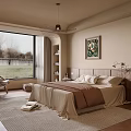 Warm Tone Bedroom With Large Window Cozy Bed Decorative Painting And Soft Rug