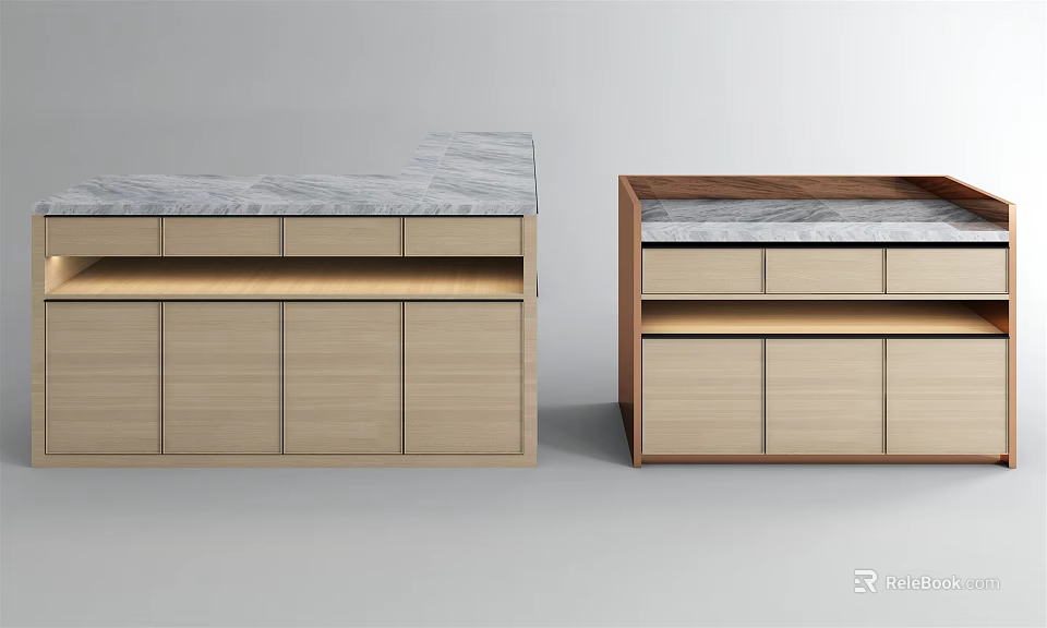 Modern Display Shelves With Wooden Cabinets Marble Tops And Storage Drawers 3d model 