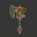 Steampunk Axe Mechanical Design With Brass Gears Copper Pipes And Blue Glowing Element