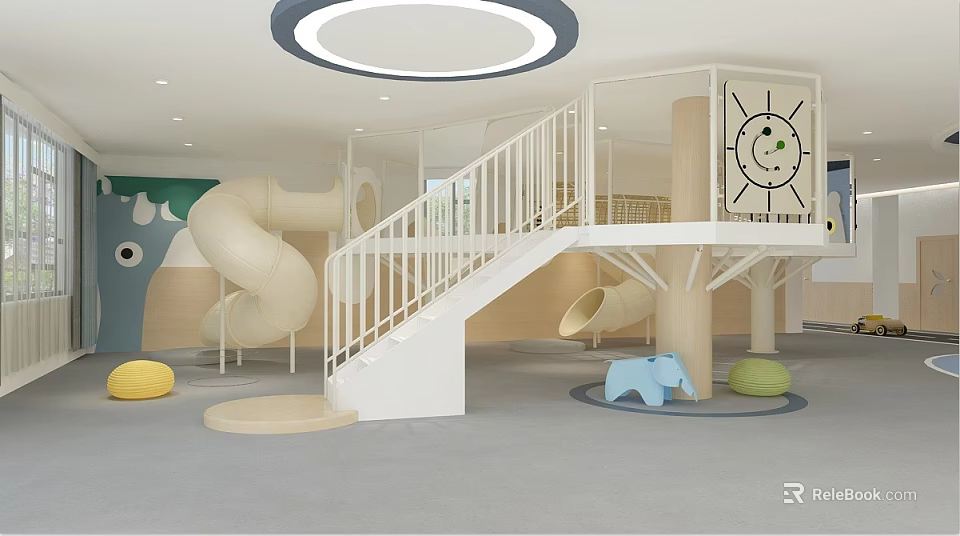Modern Kids Playroom Interior With Spiral Slide White Staircase And Treehouse Structure 3d model 