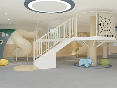 Modern Kids Playroom Interior With Spiral Slide White Staircase And Treehouse Structure 3d model
