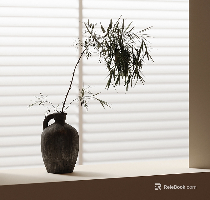 Dark Clay Vase With Bamboo Leaves On Light Colored Surface By White Blinds 3d model 