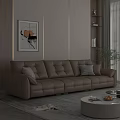 Brown Leather Sectional Sofa With Cushions Against Light Colored Wall Abstract Painting And Green Plant